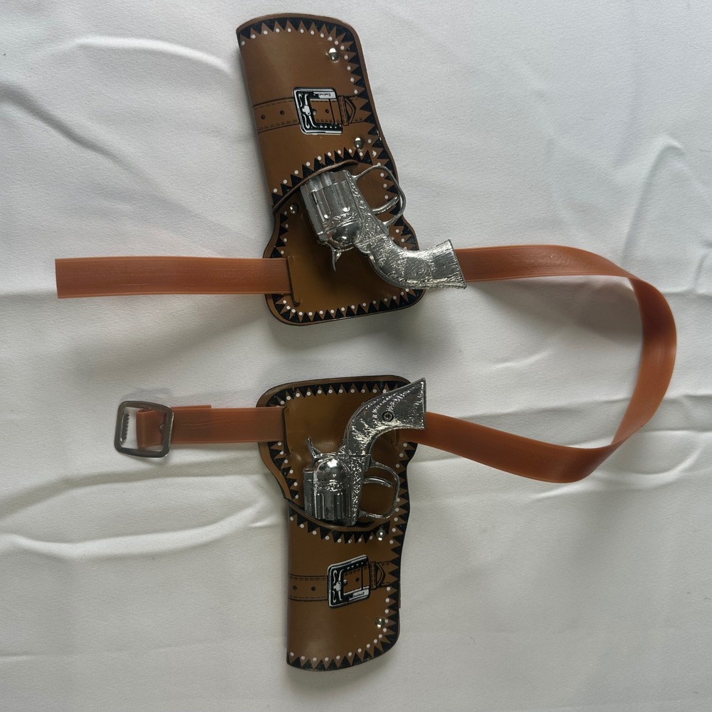 Vintage Western Cowboy Toy Double Holster Belt Set with 2 Silver Toy Revolvers